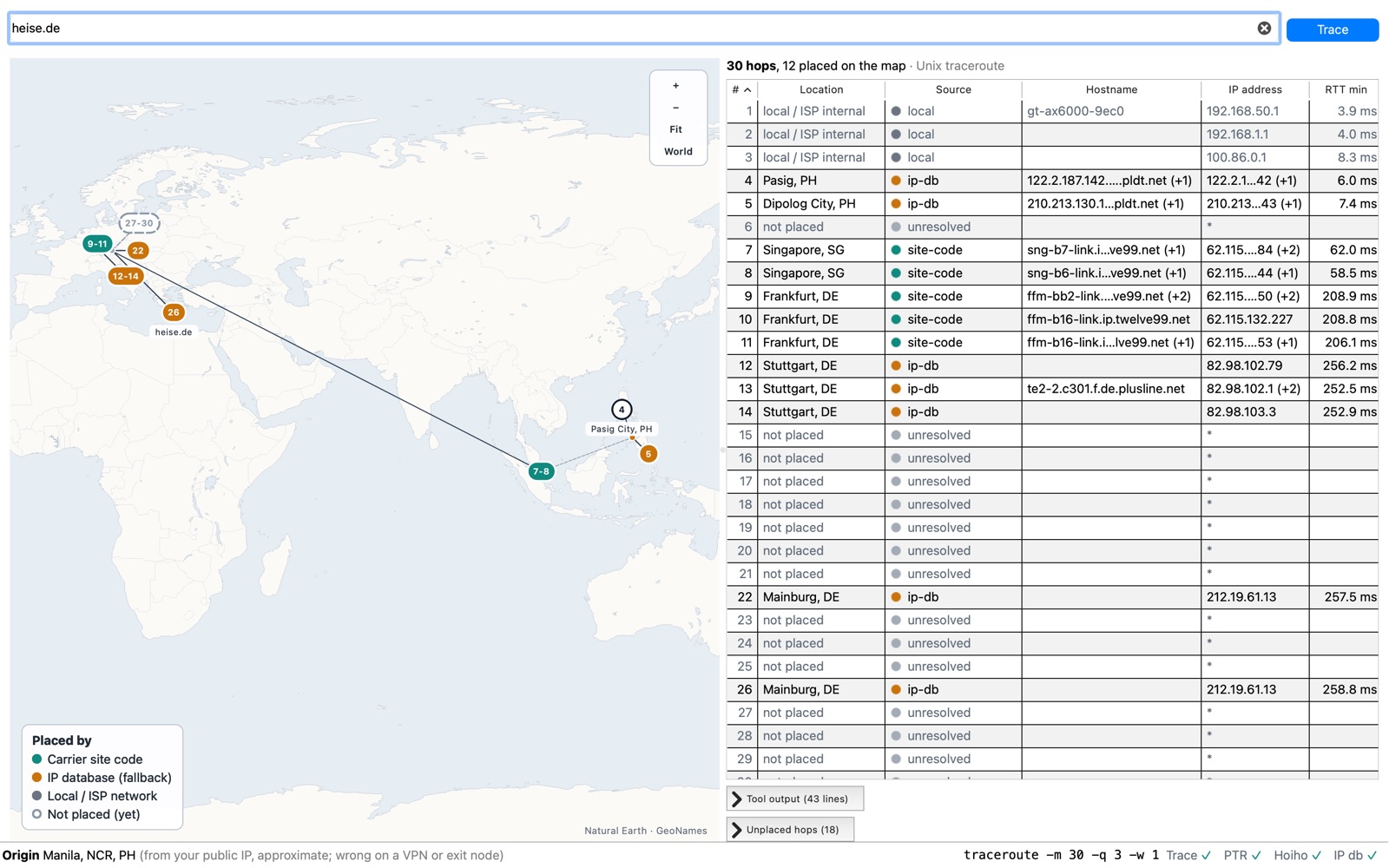 Route Map after a live trace from Manila to heise.de: the route through Hong Kong, Singapore and Marseille to Frankfurt on a world map, and the hop table with location, source, hostname, address and round-trip time